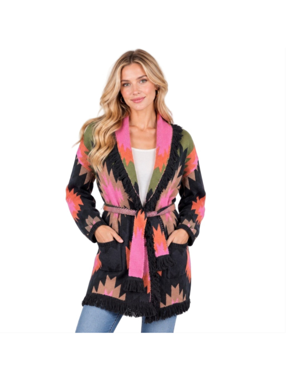 Vilagallo Southwestern Aztec Knit Cardigan Sweater Fringe Belted Boho Pink XS